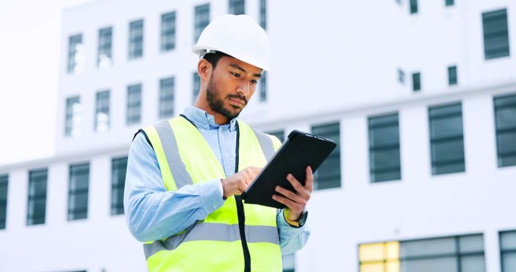 Construction project manager analyzing data on job site.
